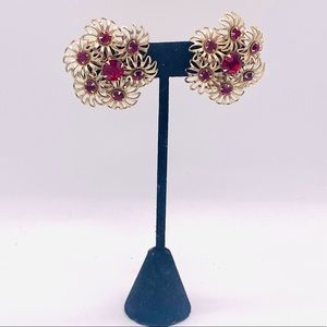 Vintage clip on gold floral red rhinestone filigree earrings